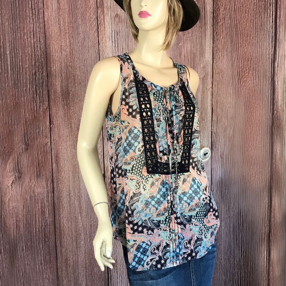 Black Rainn Blouse Semi-Sheer Crochet Detail Small